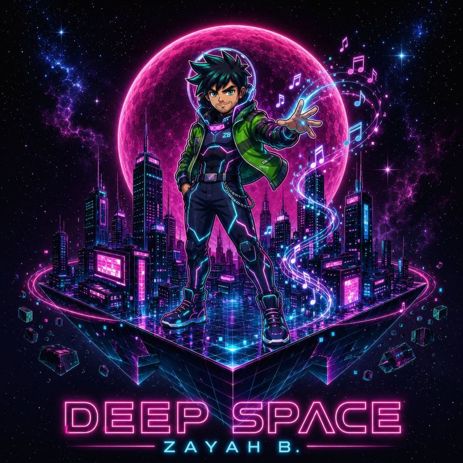 DEEP SPACE album artwork: a neon anime figure on a floating cyberpunk city beneath a pink moon, designed by ZAYAH B